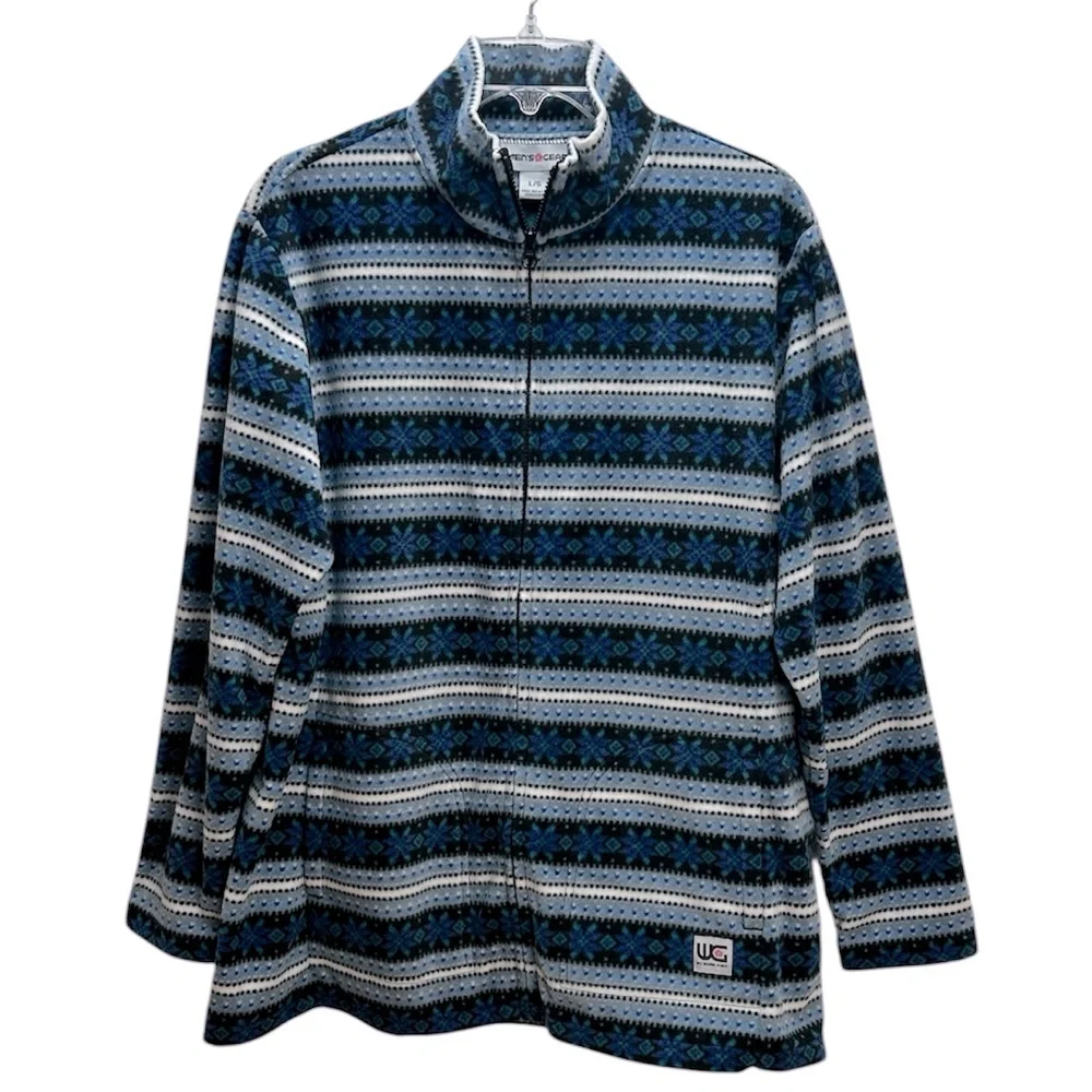 Women’s Gear Blue Fleece Snowflake Stripe Print Full Zip Light Jacket L‎ Pockets